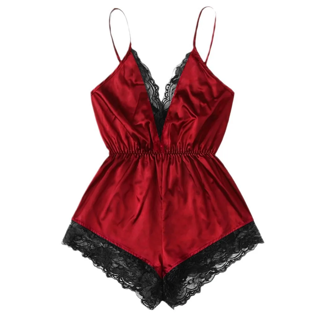 Women Suspender Pajamas V-neck lace patchwork one-piece sleeveless