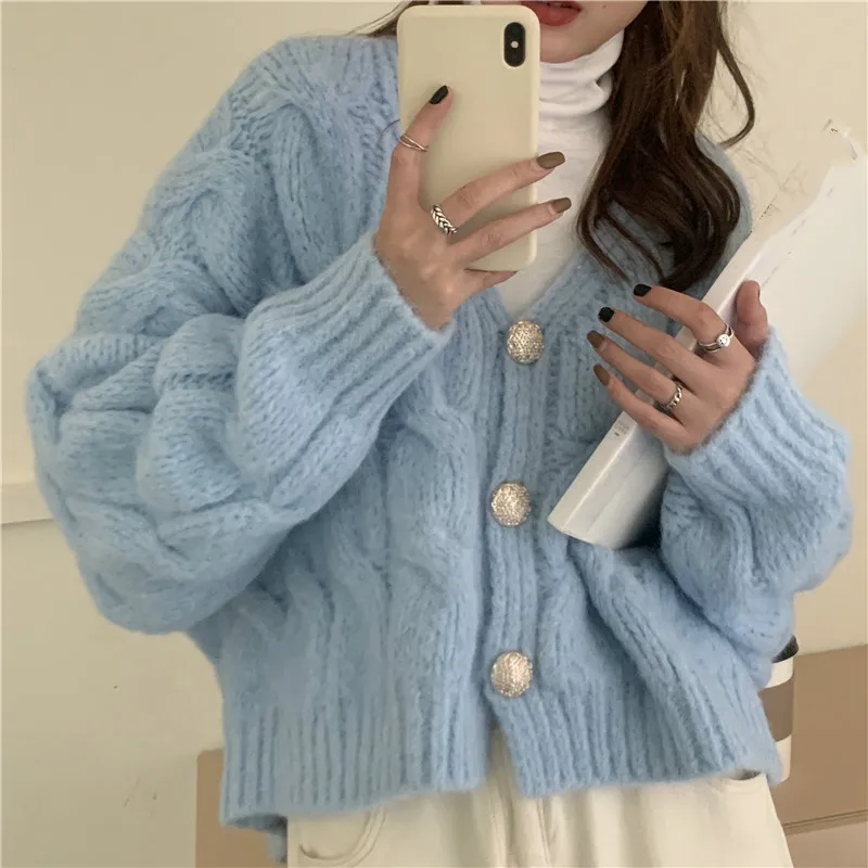 

Sweet Elegant Women Sweater Pink V-Neck Solid Thick 2023 Autumn Winter Preppy Style Sweaters Loose Knitted Cute Cardigan Tops