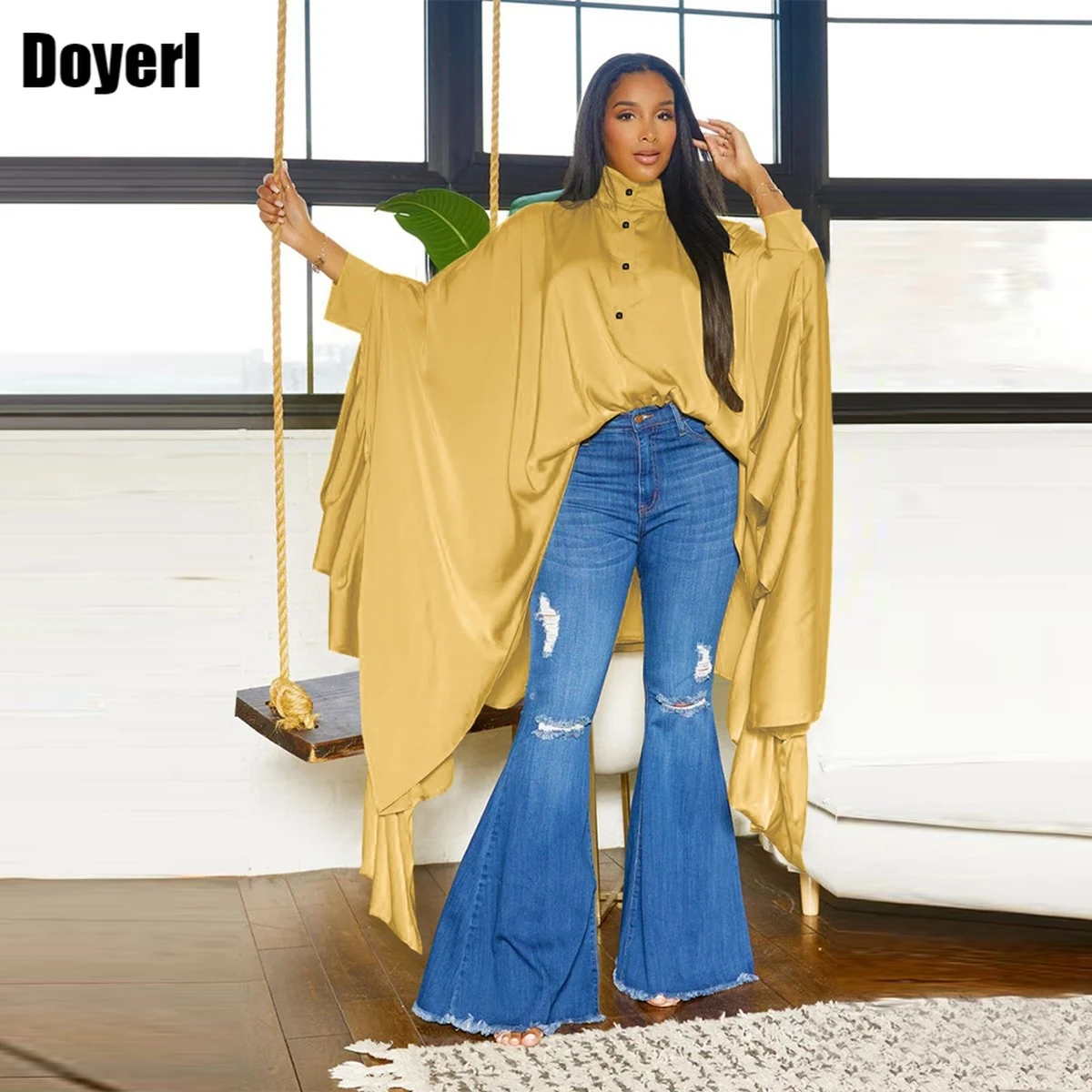 

Блузка женская с длинным рукавом летучая мышь, рубашка в стиле оверсайз, на пуговицах, с оборками, элегантный Свободный Повседневный Топ, женская блуза