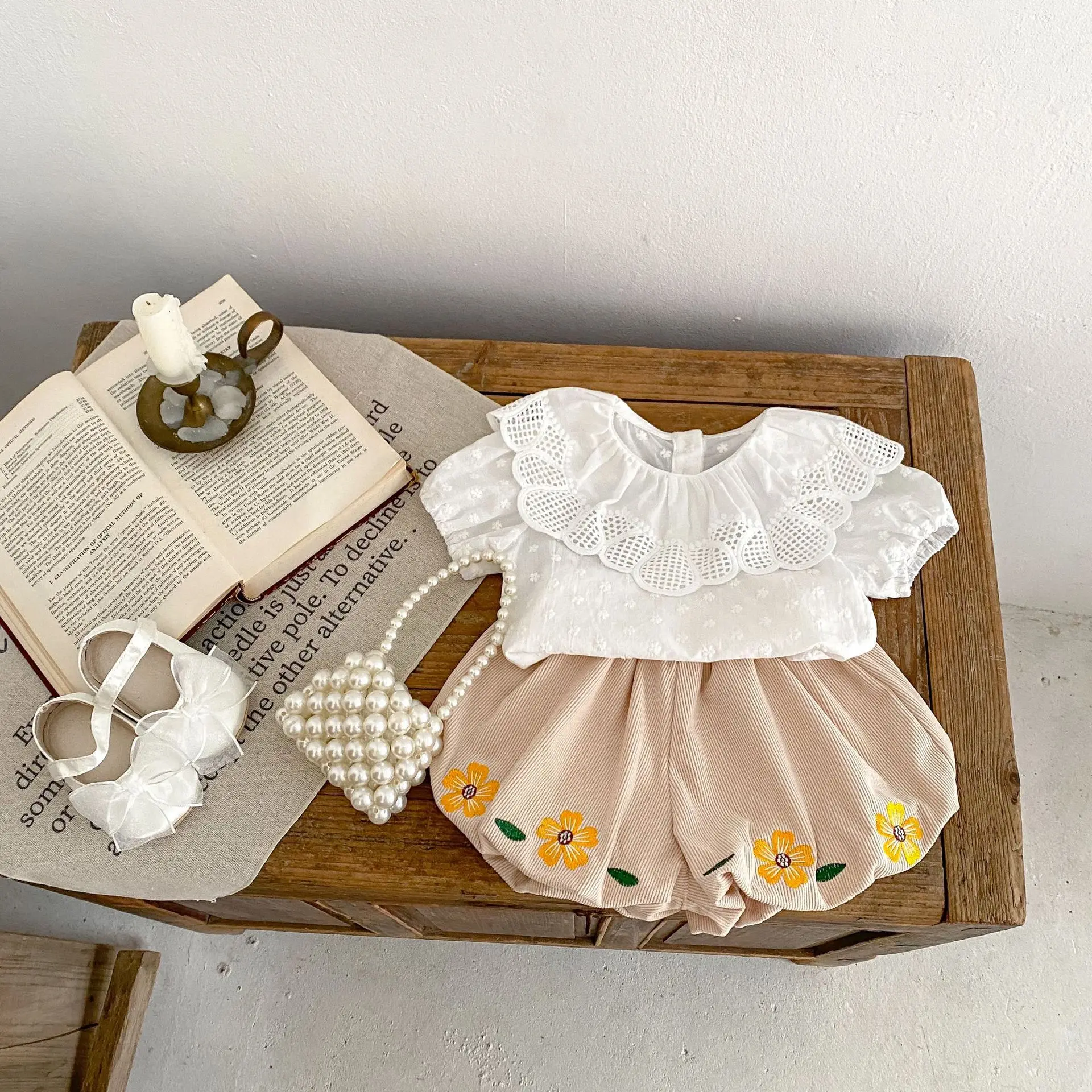 Summer Baby Girl Baby Trend Sweet Everything Solid Color Big Lace Collar Embroidery Small Flower Bubble Short Sleeve Blouse Base baby girl clothes kids bottoming shirt