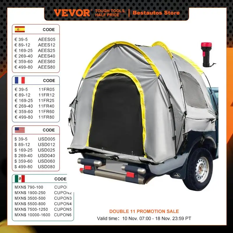 VEVOR 5-8 FT Waterproof Truck Tent Car Accessories Bed for Full / Mid Size Truck 2-Person Sleeping Capacity for Camping Hiking