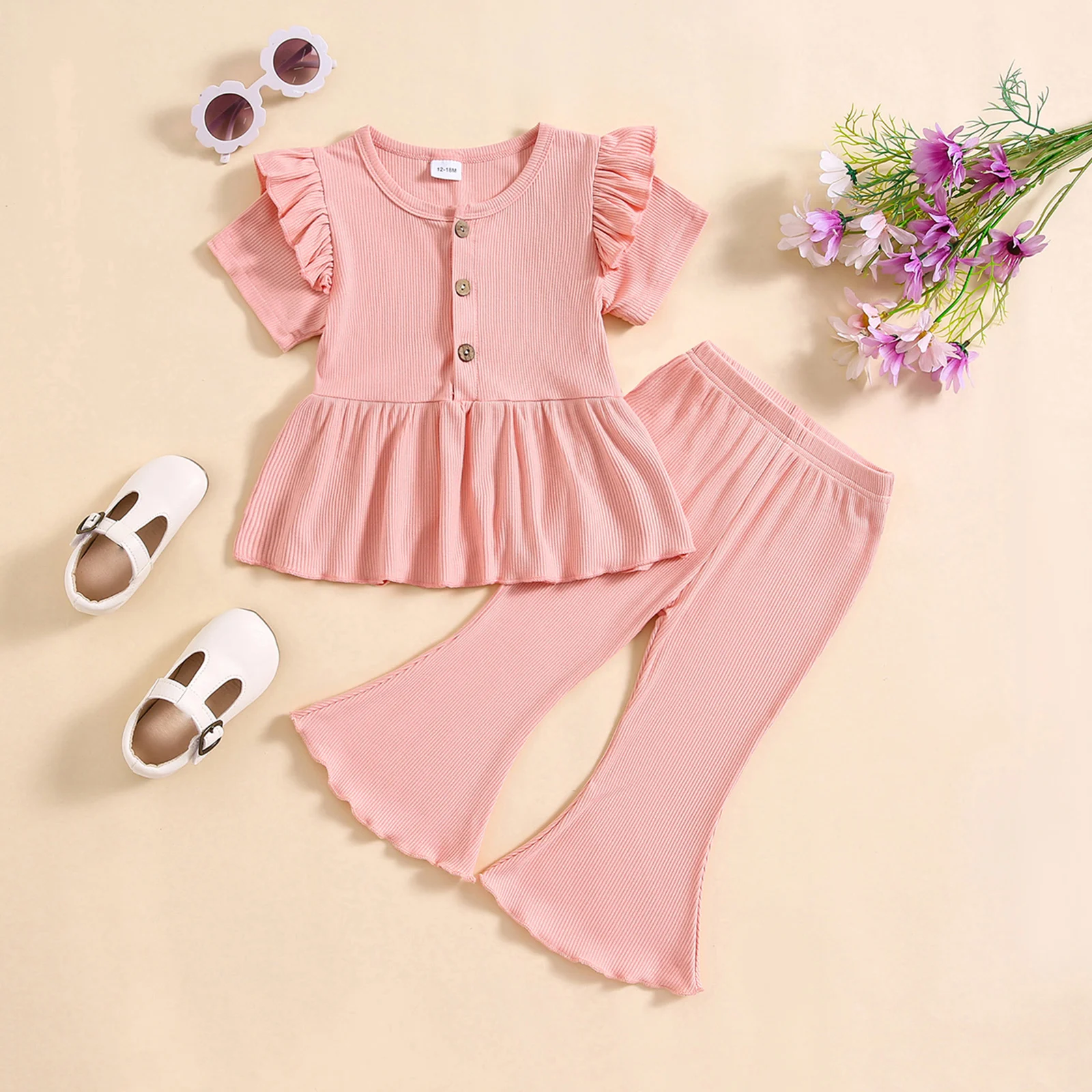 

Toddler Baby Girl Summer Clothes Set Knit Rib Flying Sleeve Button A-line Tops Flared Pants Infant 2Pcs Outfits