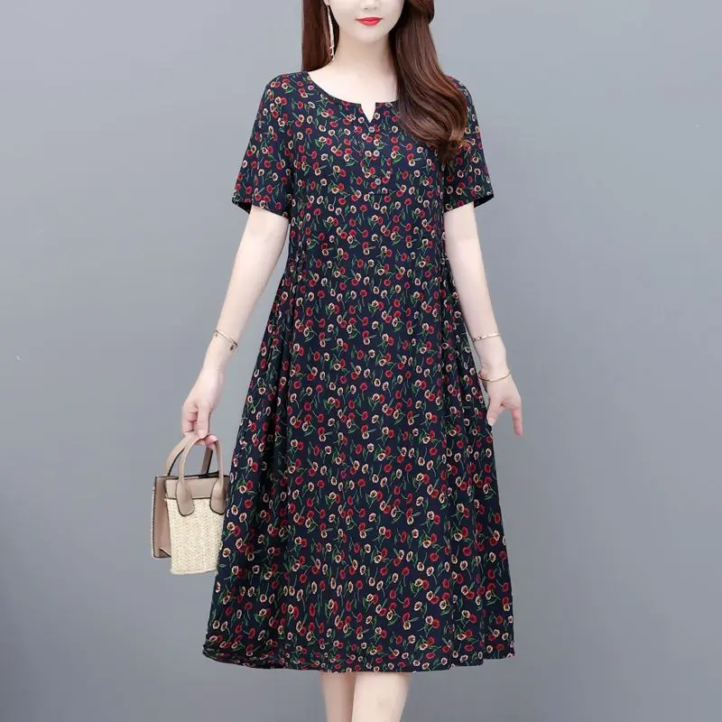 Vintage Floral A-Line Midi Dress - Short Sleeve V-Neck Casual Elegance