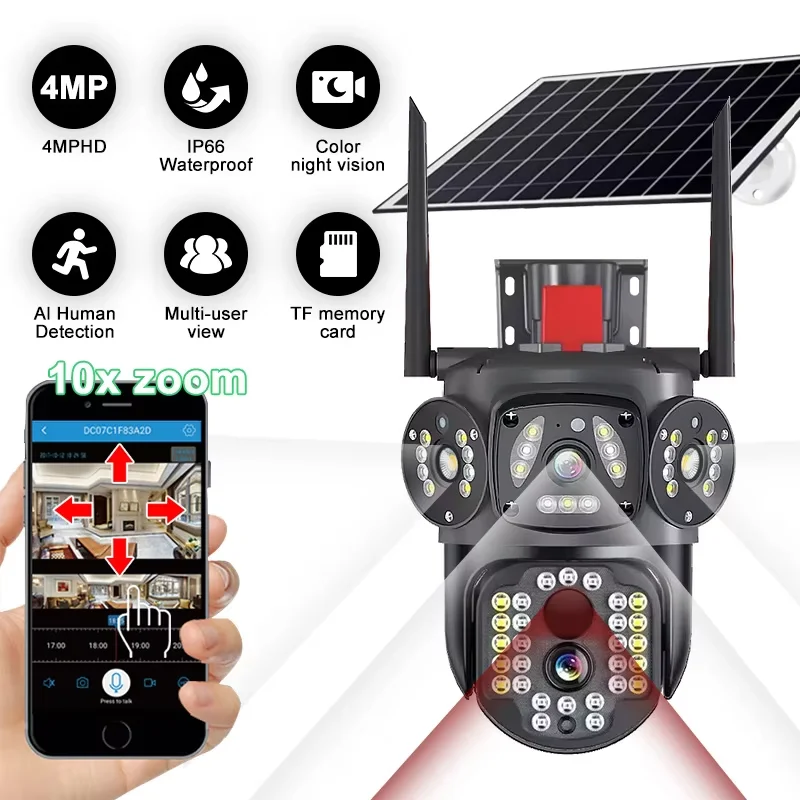 Telecamera Solare 4G con SIM 12MP 6K, Zoom Ottico 10X, Tre Obiettivi Grandangolari, Visione Notturna, Sicurezza Esterna CCTV con Rilevamento Movimento e Cloud - Image 3