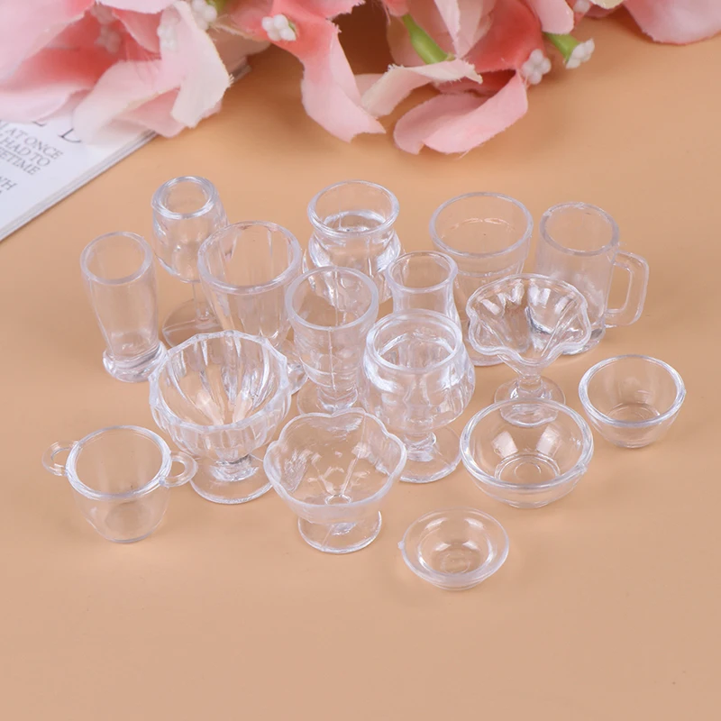 17Pcs/Set 1:12 Dollhouse Mini Transparent DIY Pretend Play Kitchenware Toy Drink Cups Dish Tableware Miniatures kitchen toys pretend kitchen toys doll house toys