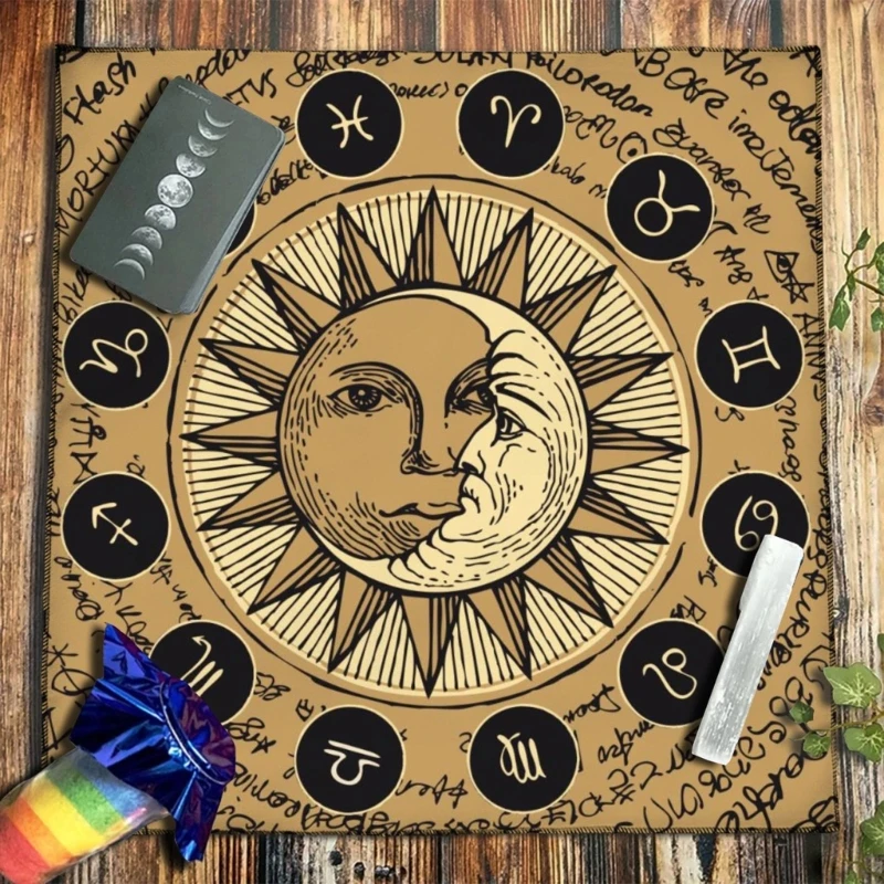 

F1FD Constellations Tarot Pattern Tablecloth Mushroom Skull Tapestry Board Game Luck Altar Cloth Background Tapestry Home