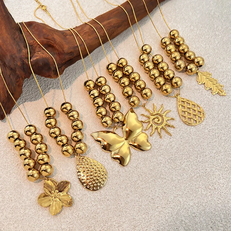 Hiphop Rock Stainless Steel Ball Flower Butterfly Necklace Exaggerated Waterproof Beads Beaded Necklaces Handmade Punk Jewelry
