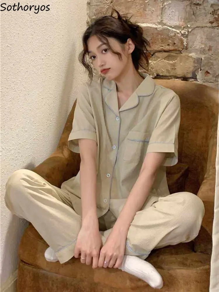 

Пижамный комплект женский летний, простой комплект для сна с отложным воротником в Корейском стиле для студентов, модная удобная одежда для отдыха