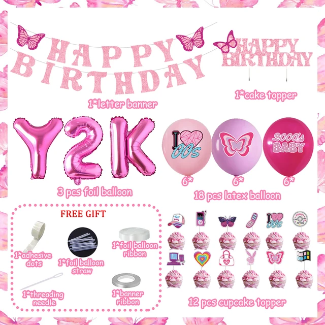 Decoraciones de fiesta de cumpleaños Y2K para niñas adolescentes, globo de  mariposa rosa y púrpura, pancarta de feliz cumpleaños, globo de aluminio  Y2k para 00s - AliExpress