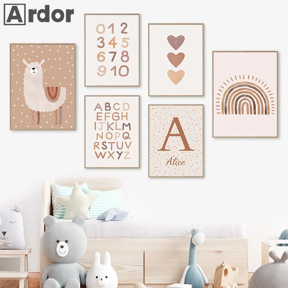Boho Custom Name Canvas Poster Rainbow Alpaca Heart Print Painting Nursery Alphabet Numeri Arabi Picture Baby Kids Room Decor
