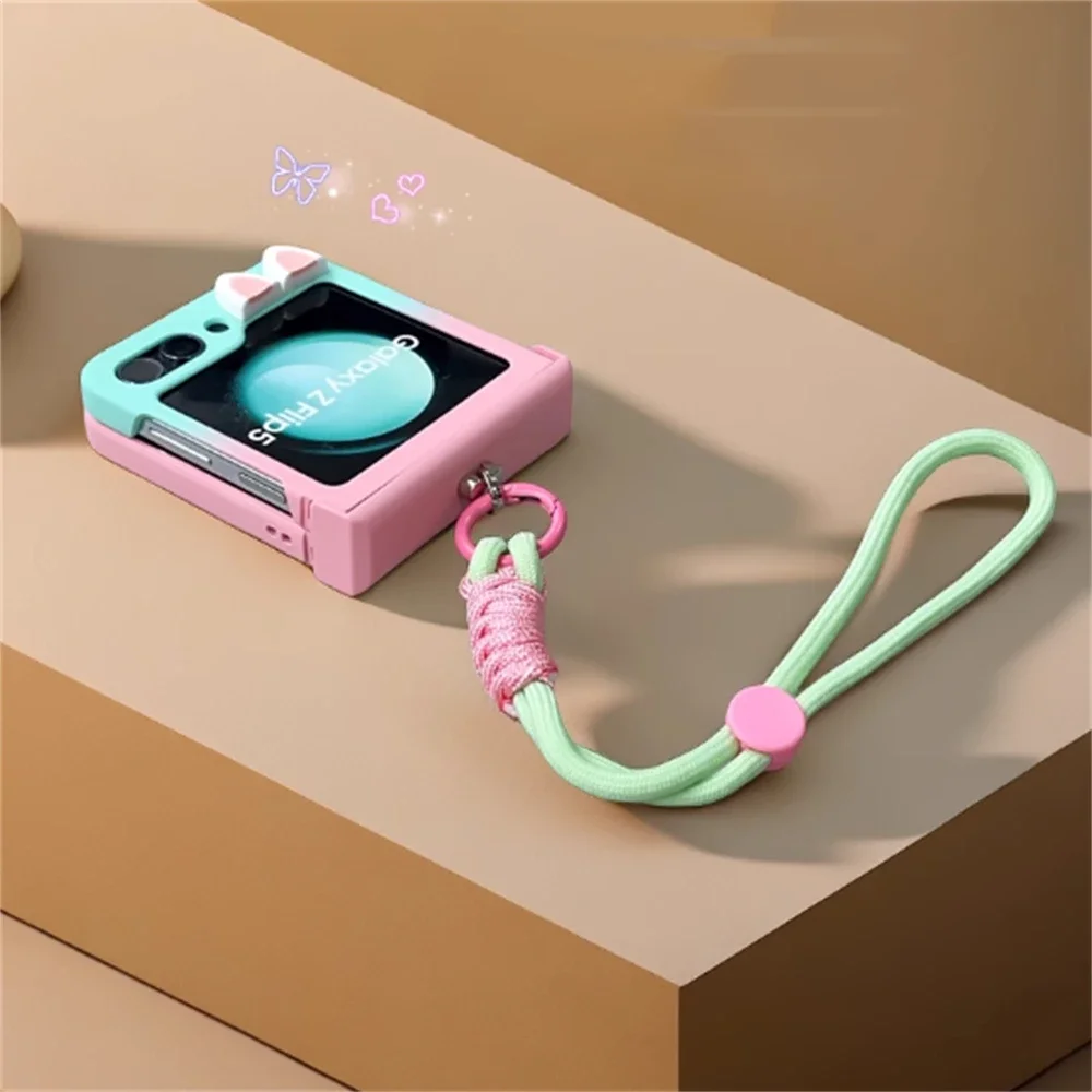 Adorable Rabbit Ears Gradient Phone Case with Anti-Lost Hand Strap