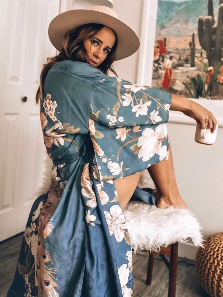 Vintage Peacock Floral Print Sashes Women Bohemian V Neck Batwing Sleeves Lady Happie Beach Boho Robe Bikini Cover-ups