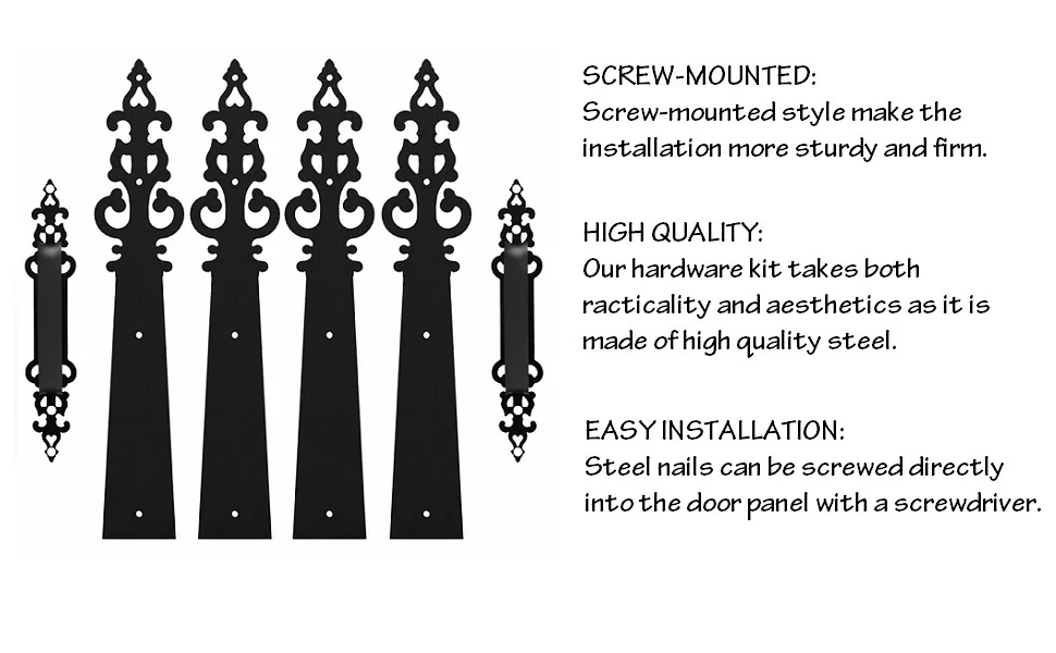 Description Picture 3 of itemMetal Gate Door House Hinge Handle Set Decorative Garage Door Carriage Door Hardware Black 2 Handles 4 Hinge with Screws