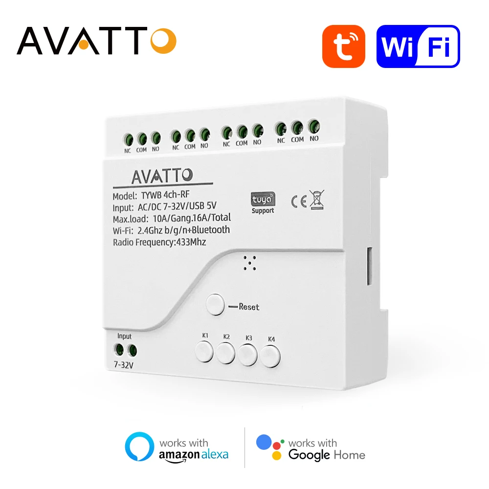 

AVATTO Tuya WiFi 4-канальный умный коммутационный модуль, 7-32 В/85-250 В реле дистанционного управления, Голосовое управление с Alexa Google Home