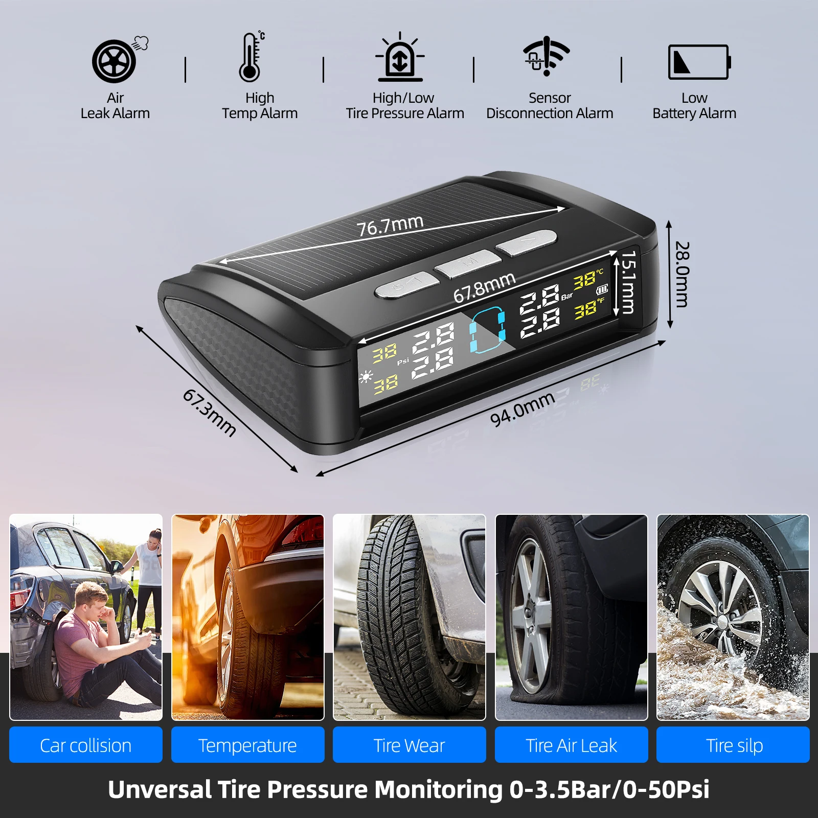 Solar Power TPMS Car Tire Pressure Alarm Monitor Intelligent Auto Security Alarm Digital Tyre Pressure Temperature Warning