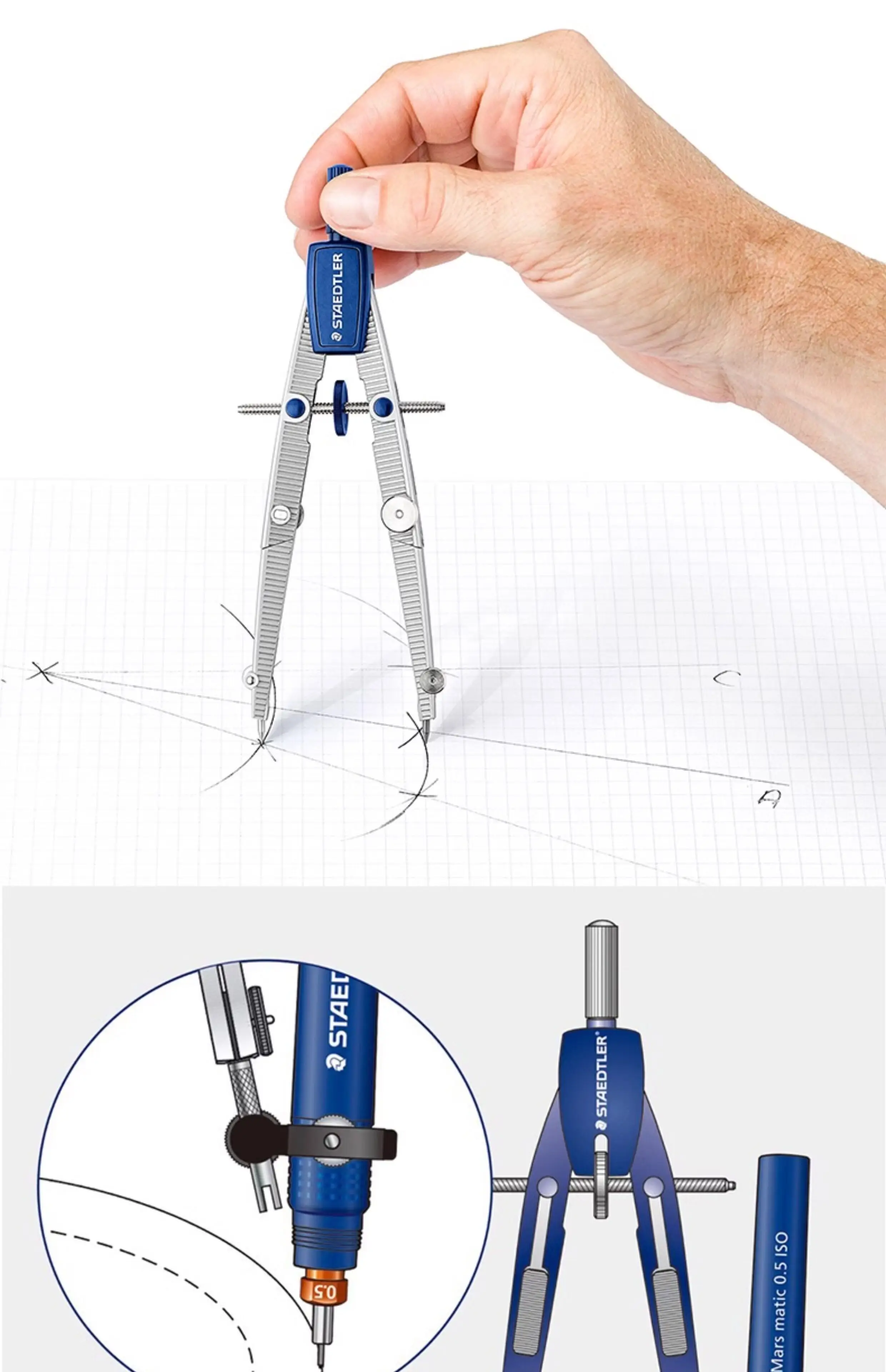STAEDTLER 550 01/02 교체 가능한 심과 바늘이 있는 정밀 금속 나침반, 정확한 그리기를 위한 조절 가능한 휠