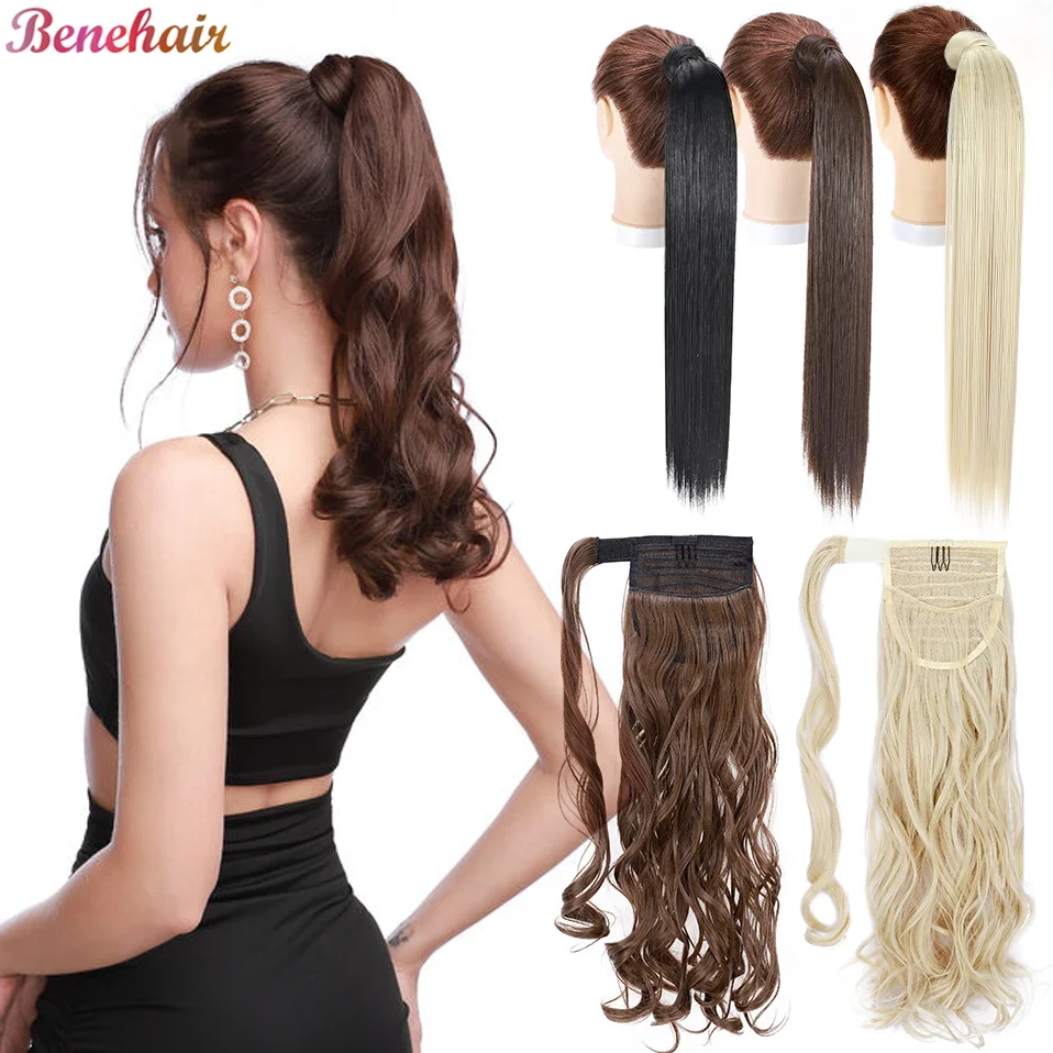 

BENEHAIR Wrap Around Ponytail Extension 18"-24" Straight Wavy Synthetic Hair Clip in Ponytail Fluffy Pony Tail Hair Pieces