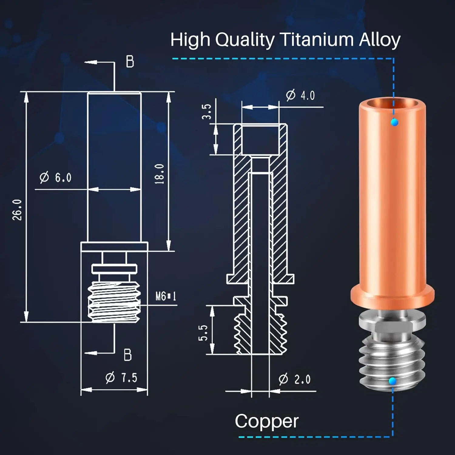 Migliorato DLC Nano rivestito bimetallico Heatbreak All Metal Smooth TC4 Titanium Copper Throat Compatibile con Anycubic Mega S, Mega Pro, Vyper, Chiron, Kobra Max, 4max pro aggiornamento stampante 3D