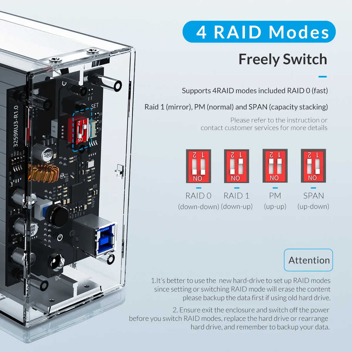 ORICO 2베이 3.5인치 하드 드라이브 인클로저 RAID 기능 탑재 SATA to USB 3.0 투명 HDD 도킹 스테이션 6Gbps UASP 24TB HDD 케이스