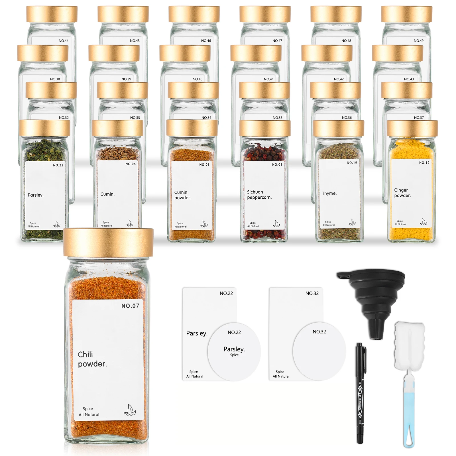 Spice Jar with Label Square Glass Jar with Lid Waterproof Label Sticker for Vanilla Spices and Seasonings Kitchen Storage and Organizing 6/12/24 Piece
