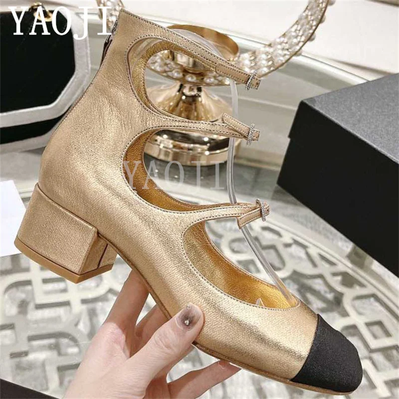 

High Top Rear Zipper Chunky Heels Buckle Sandals Women Brand Leather Shoes Summer New Luxury Mary Jane Fashion Dress Shoes Mujer