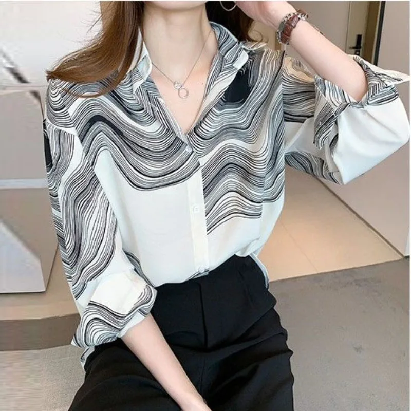 

Black Stripe Print Chiffon Shirt Spring Summer Fashion Blouse 2023 Long Sleeve Turn Down Collar Elegant Korean Shirt for Female