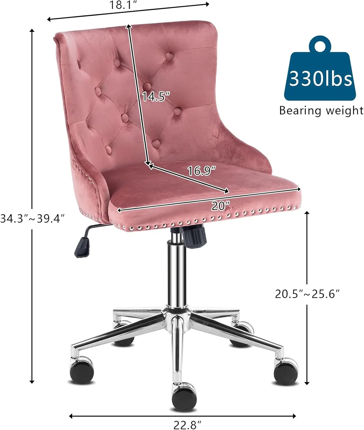 Velvet Office Chair - Modern Upholstered Desk Chair with Adjustable Height, Tilting Mechanism, and Rolling Wheels - Pink