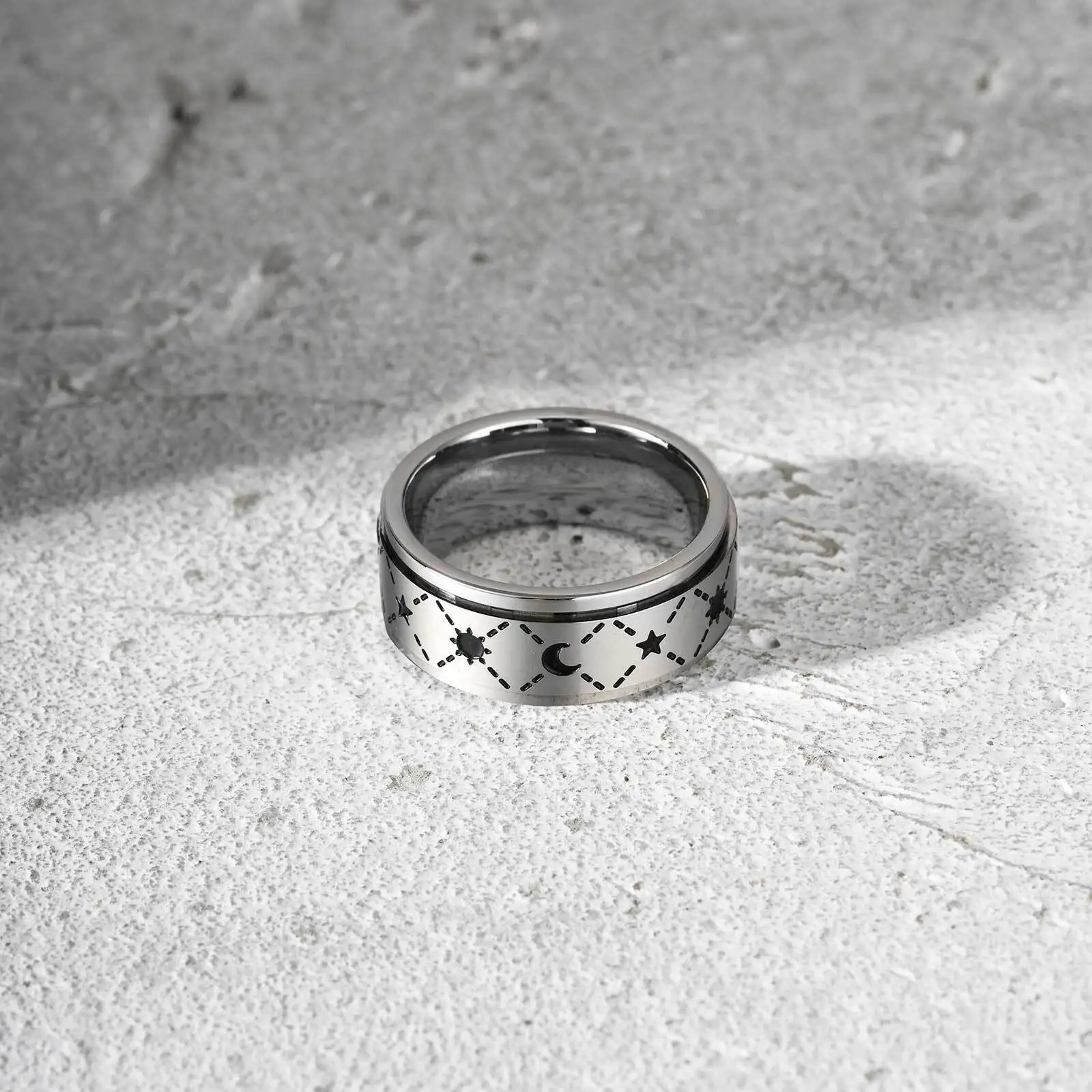 Sun Moon Star Ring for Men Boys,Never Fade Stainless Steel Spinner Ring,Punk Jewelry Gift