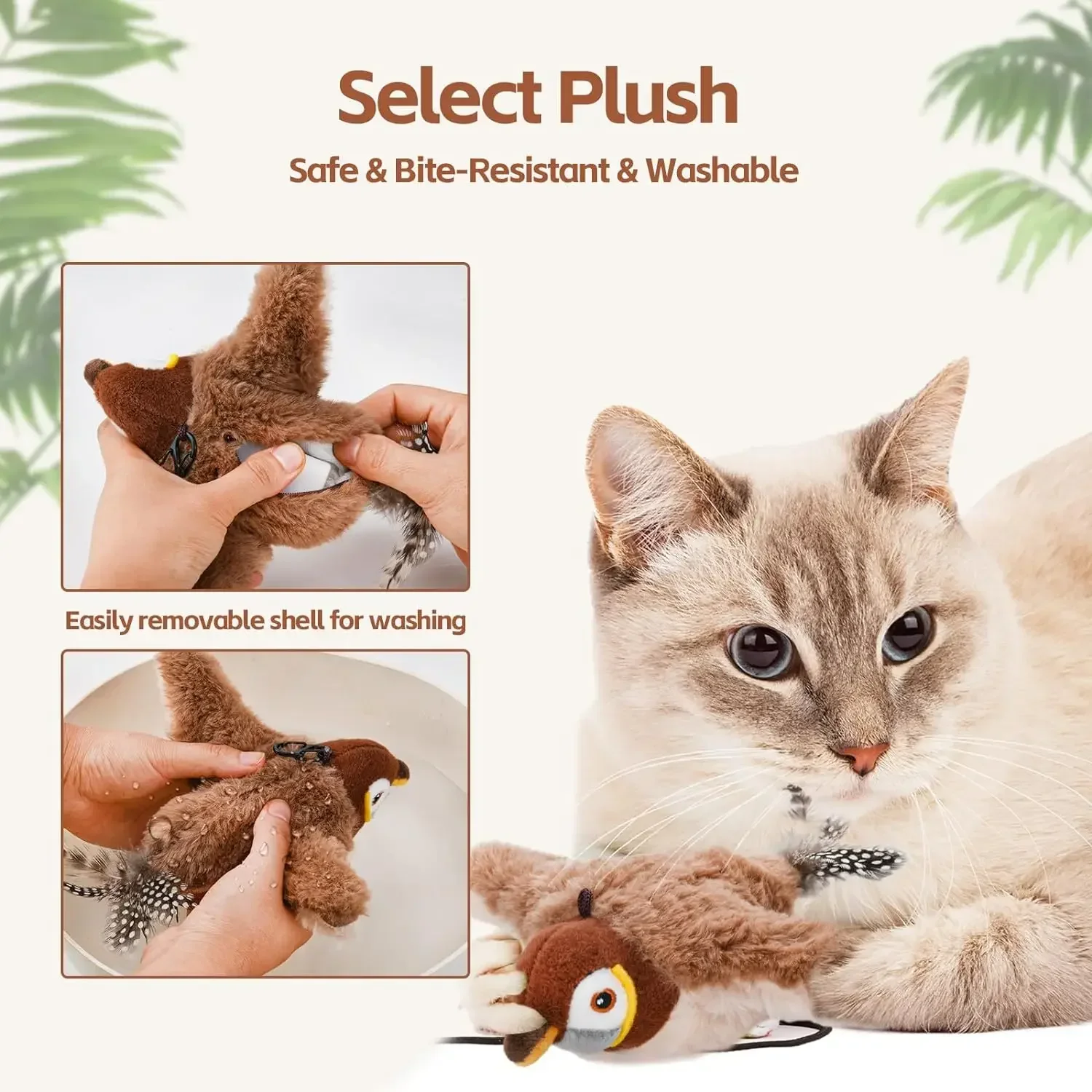 Cat Toys Interactive Rechargeable Chirping Flapping Bird(no Flying) with Catnip for Indoor Cats Touch Activated Plush Toys