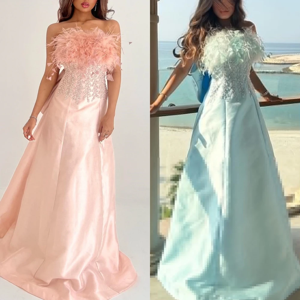 

Jiayigong Sparkle Exquisite Feather Elegant Intricate Strapless A-line Cocktail es Tassel Skirts Satin Evening 2023