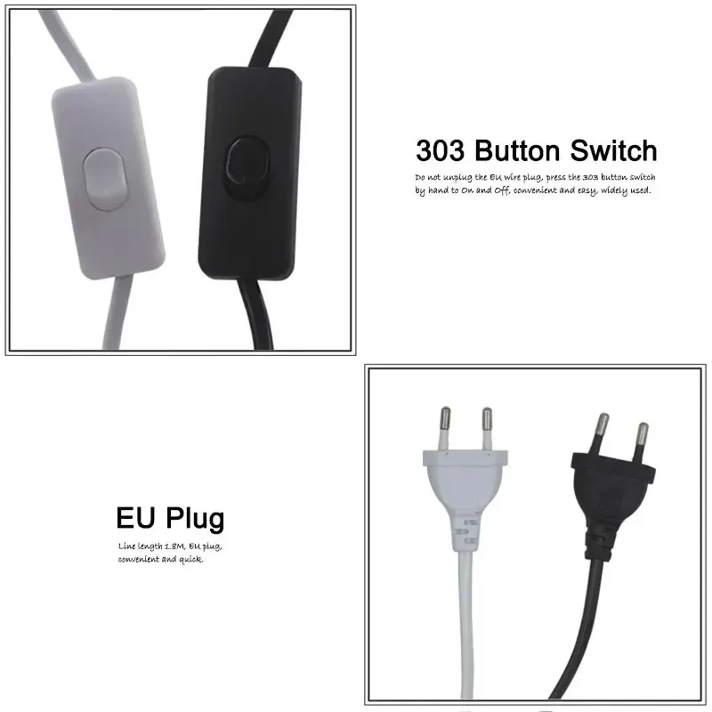 1.8m Black White EU Plug Switching Power Cord Wire Extended Plug Line Cable with Switch Light Lamp Floor Lamp Electricity Wire