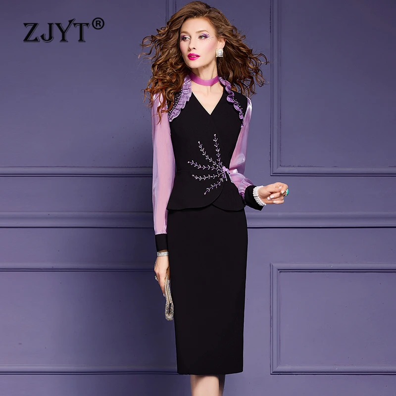 

ZJYT Women's Beading Pencil Dress Office Lady Long Sleeve Elegant Black Party Dresses Plus Size Spring Vestidos Fiesta 2024 New