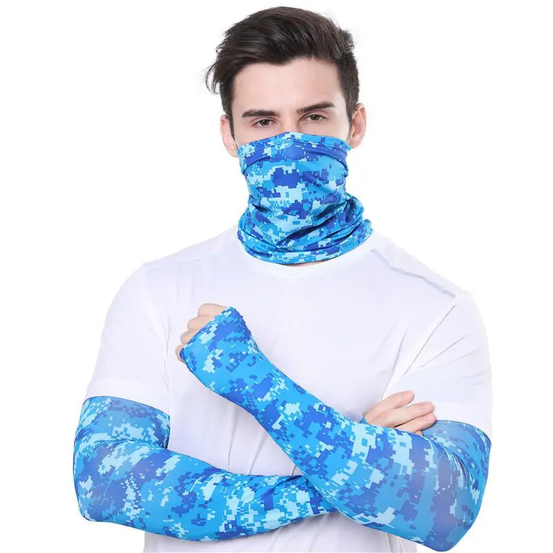 2Pcs/Set Camo Arm Sleeves Face Mask Set Unisex Sun Protection Cooling Breathable Protective Arm Sleeves for Running Cycling