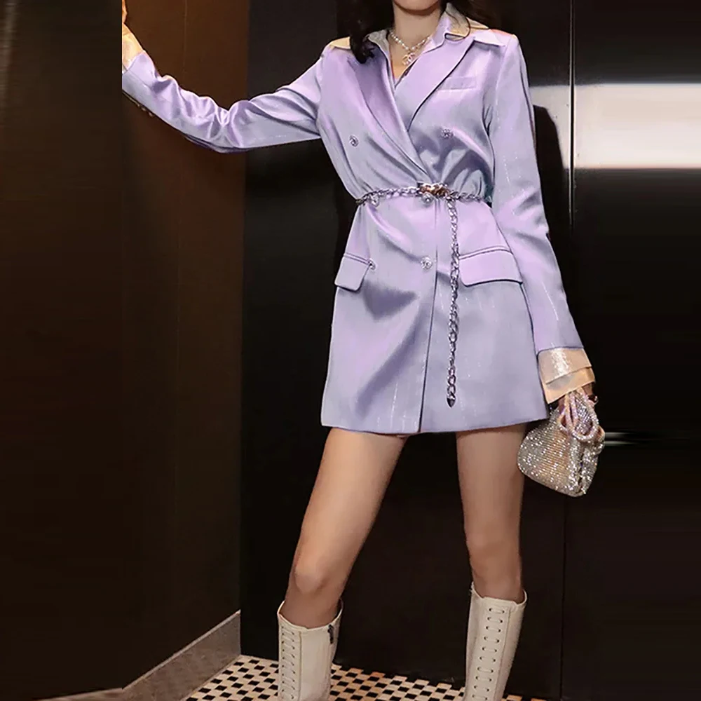 

Women Blazer Dress Notched Collar Spliced Belt Single Breasted WaiFashion Women Blazer Dress Notched Collar only Jacket