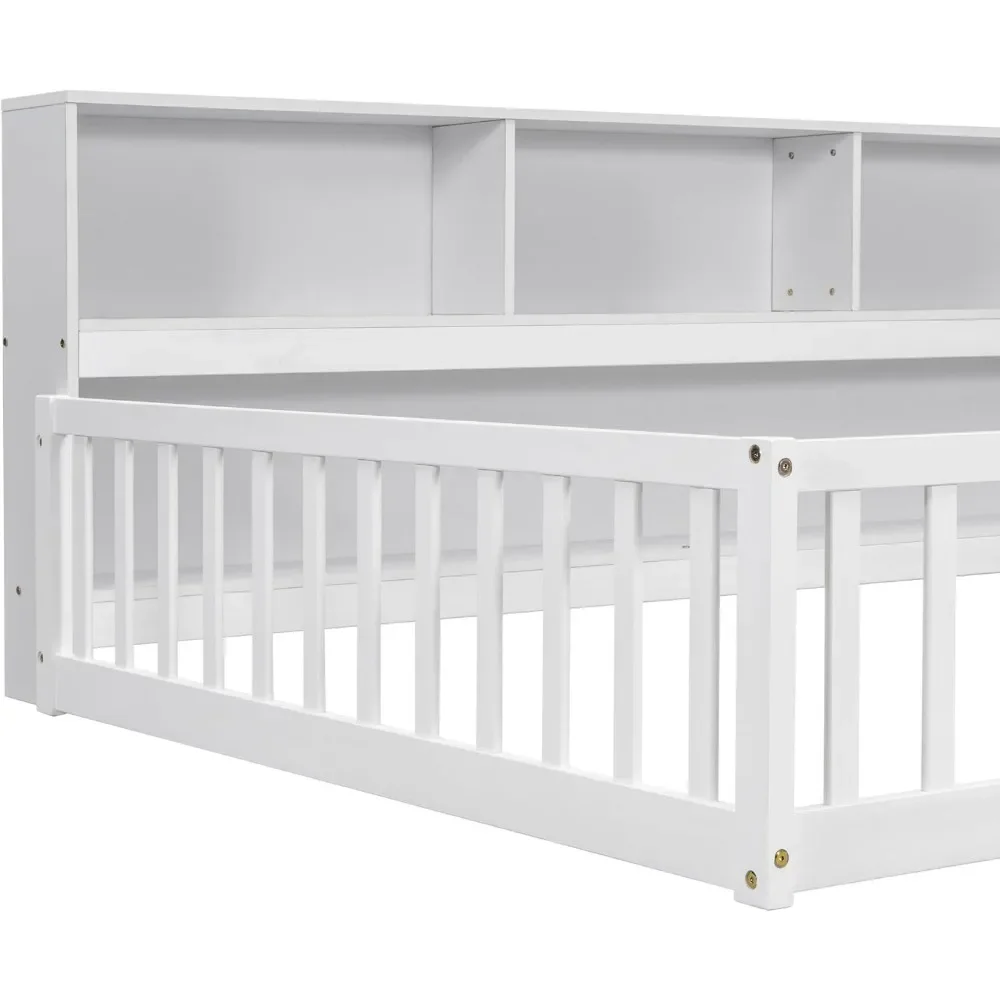 Full Montessori Floor Bed with Bedside Bookcase & Shelves, Full Size Floor Bed W/Safety Guardrails, No Box Spring Needed 4