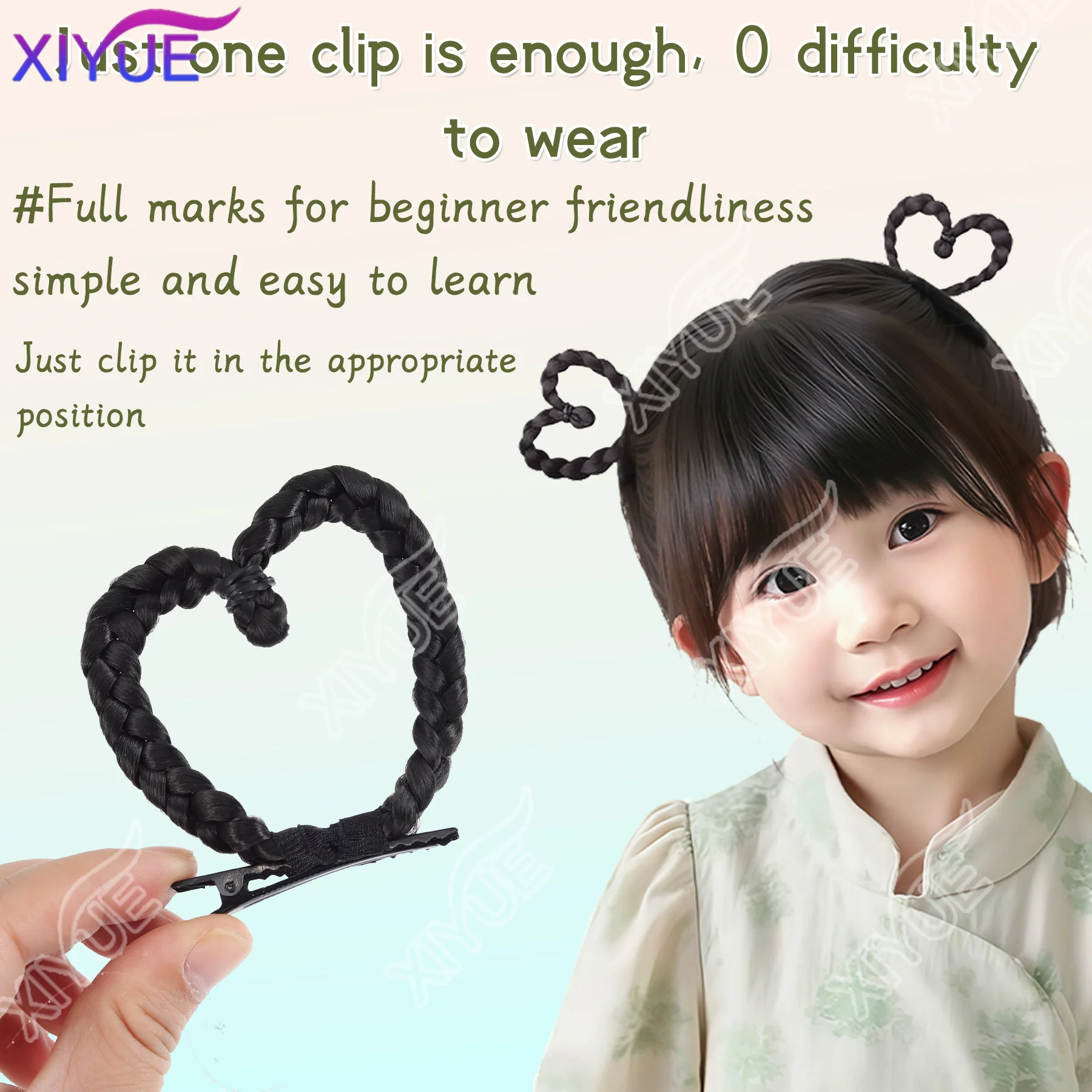 어린이 한복 가발, 하트 모양의 땋은 머리핀, 데일리 걸 사이드 타이, 귀여운 머리핀, 하트 모양의 땋은 머리 액세서리
