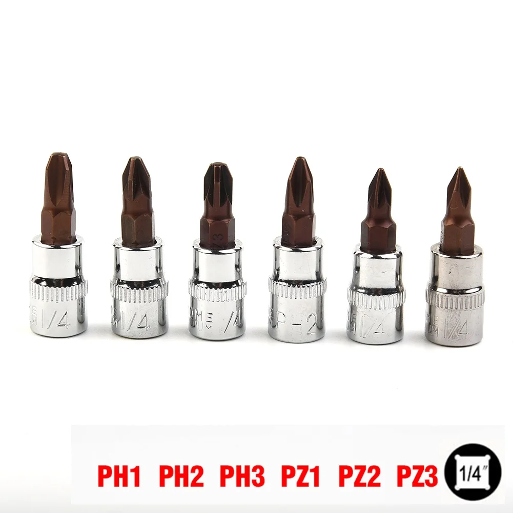 

6PCS Chrome Vanadium Steel PH Pozi Bit Socekt 1/4 Inch Drive PH1 PH2 PH3 PZ1 PZ2 PZ3 Screwdriver Bits Hand Tools Replacement