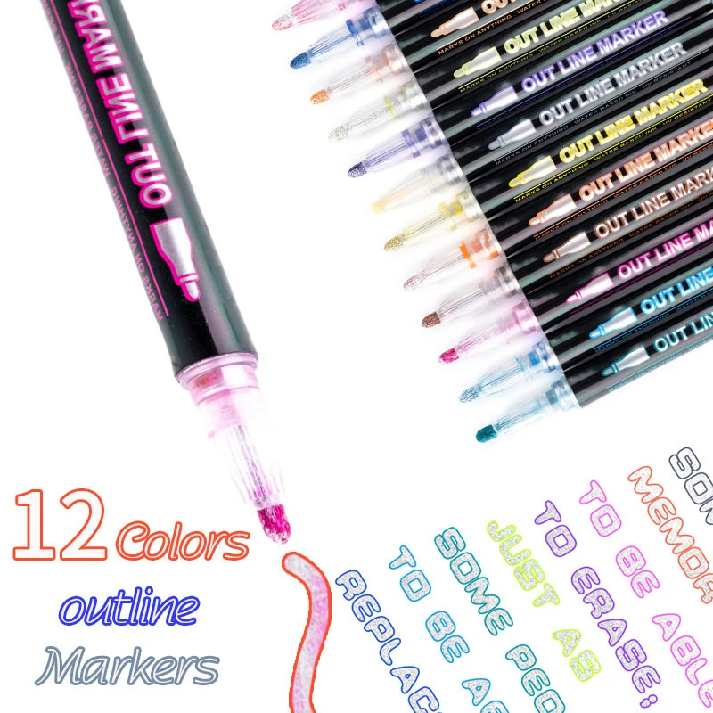 Double Line Outline Art Pen 12 Colors Marker Pen DIY Graffiti Outline Marker Pens Highlighter Scrapbook Diary Poster Card