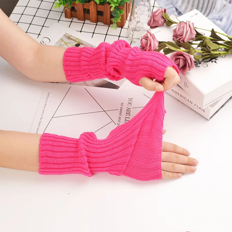 Warm Long Fingerless Gloves for Women Mitten Winter Warmer Knitted Arm Sleeve Gloves Punk Soft Sleeve Fingerless Elbow Mittens sparsil unisex winter cashmere fingerless gloves long 2 color patchwork double layer mittens knitted arm warmers gothic glove