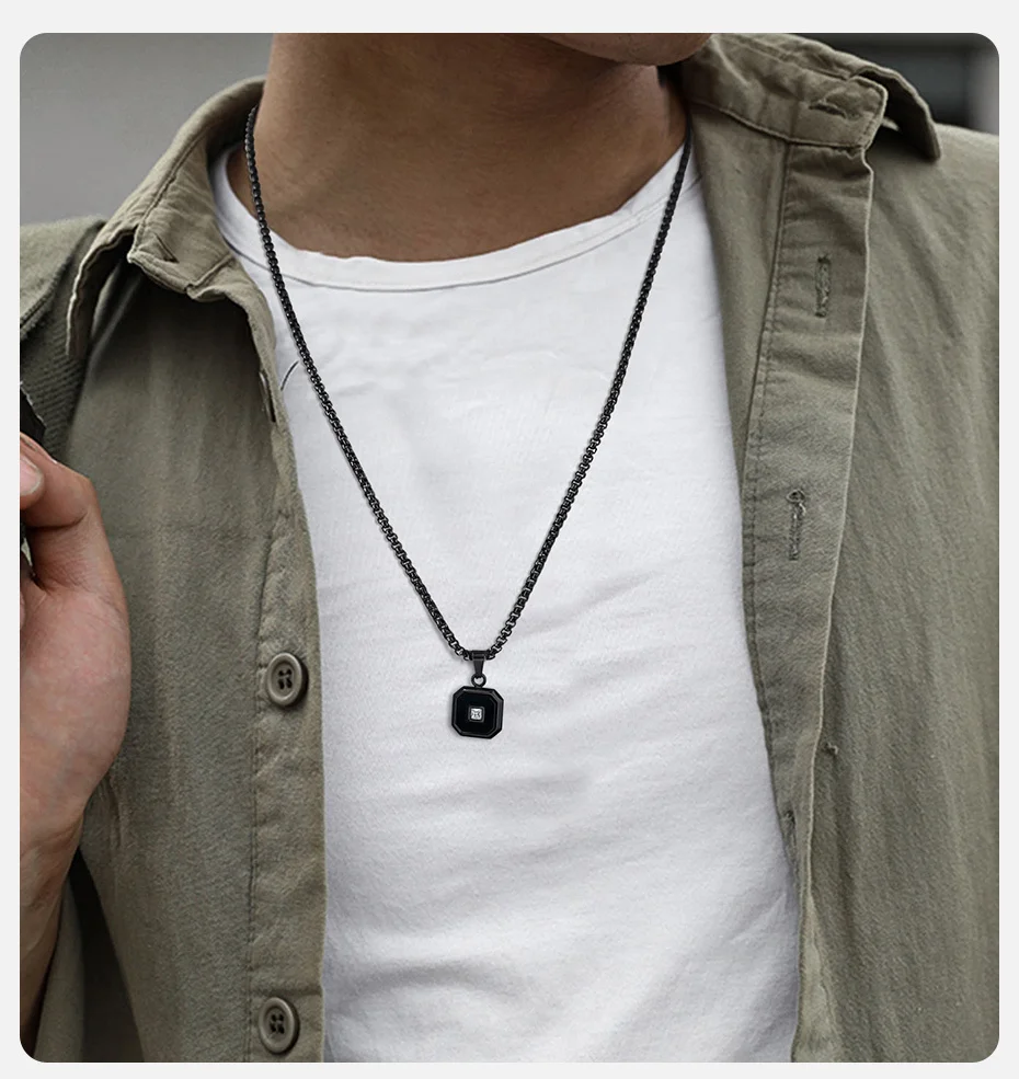 Vnox AAA CZ-Stein-Inlay, quadratische Halsketten, schwarz-silberfarbener Metallanhänger mit Tigerauge-Stein, minimalistischer cooler Schmuck – Detail 3