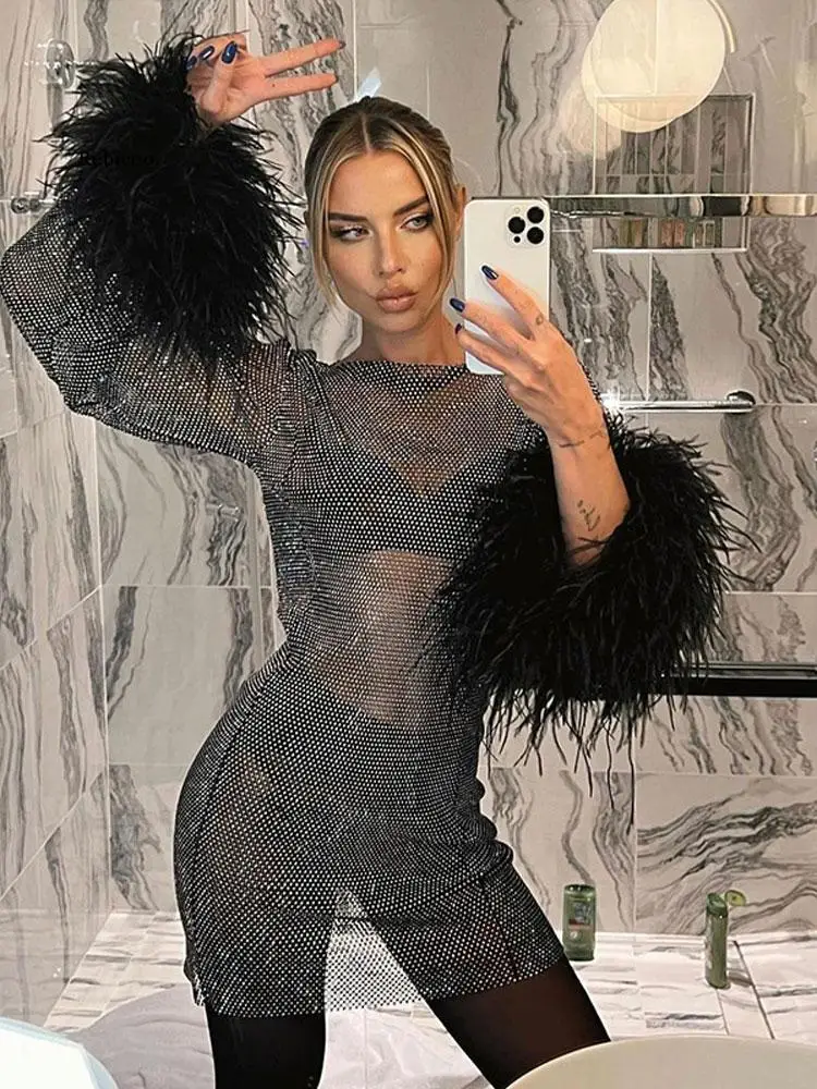Sexy Mesh Feathers Tassel Mini Dress Women Long Sleeve See Through