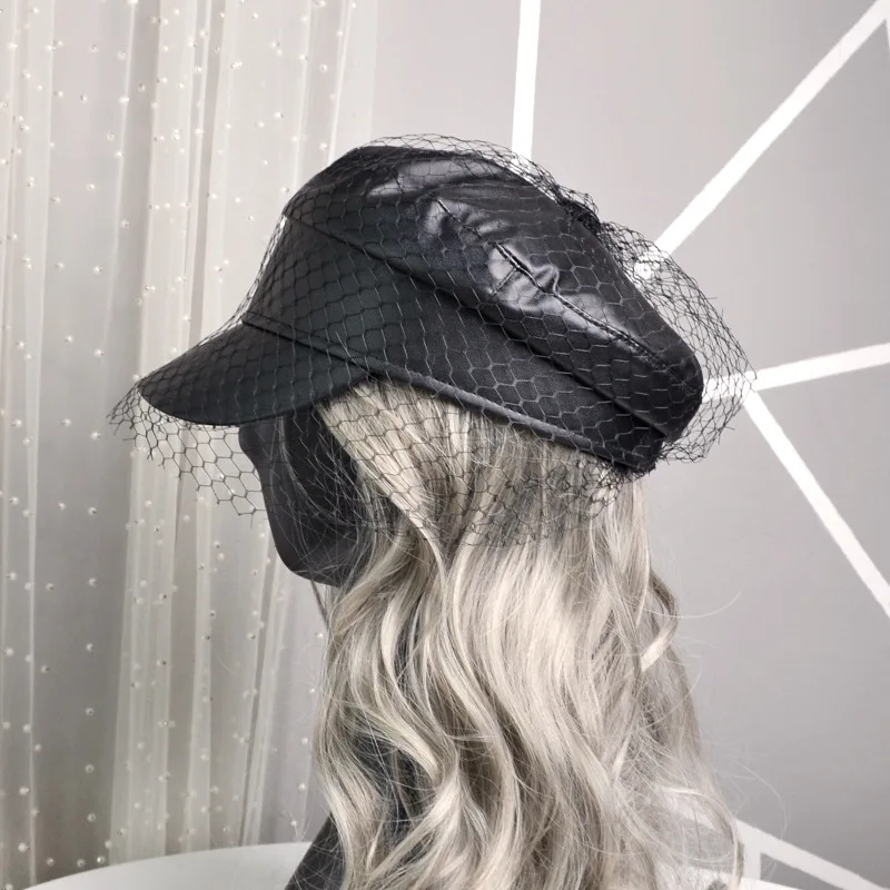 

Luxury Designer PU Leather Hat For Women Fashion Black Mesh Veil Caps Sailor Hats With Mesh Artistic Temperament Painter Hat