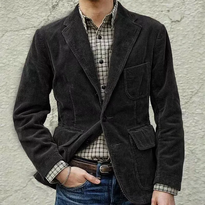 New2023 Autumn Winter Men's Coat Jackets Corduroy Casual Suits with Shoulder Pads Fashion Lapel Long-Sleeved Solid Jacket Models