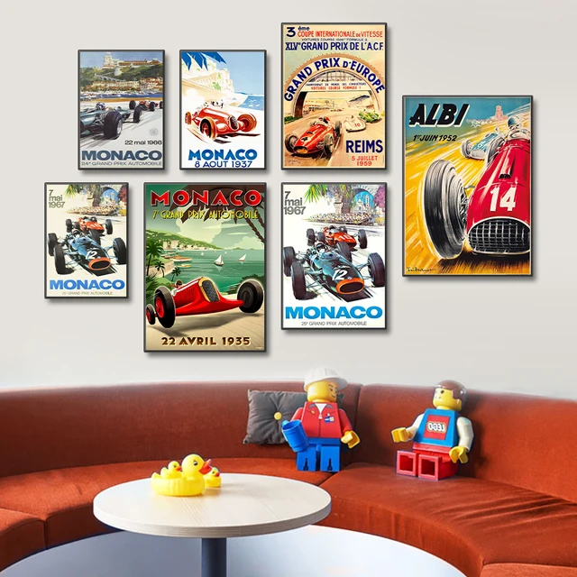 Wallbuddy Grand Prix Affiche ancienne/Set of 3 Le Mans Monaco F1 Poster -  Vintage Car Art mural de course for Men/Dad Gifts Car Pictures Race Car