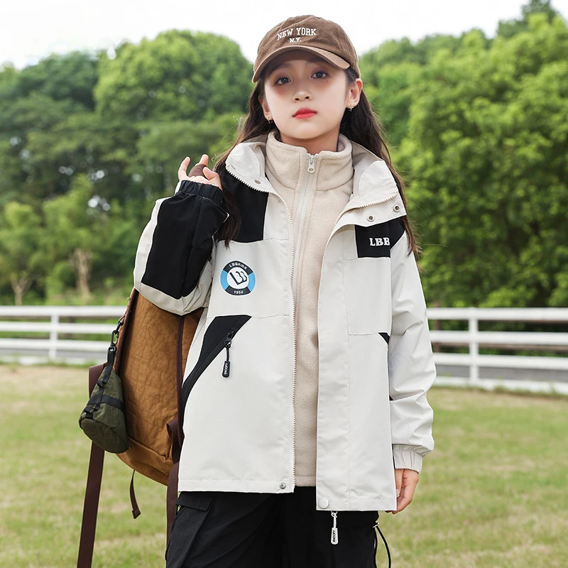 Fashion Children's Hiking Jacket Set Windproof Waterproof Hooded Outdoor Jacket Removable Padded Warm Lining 2pcs Camping Coat