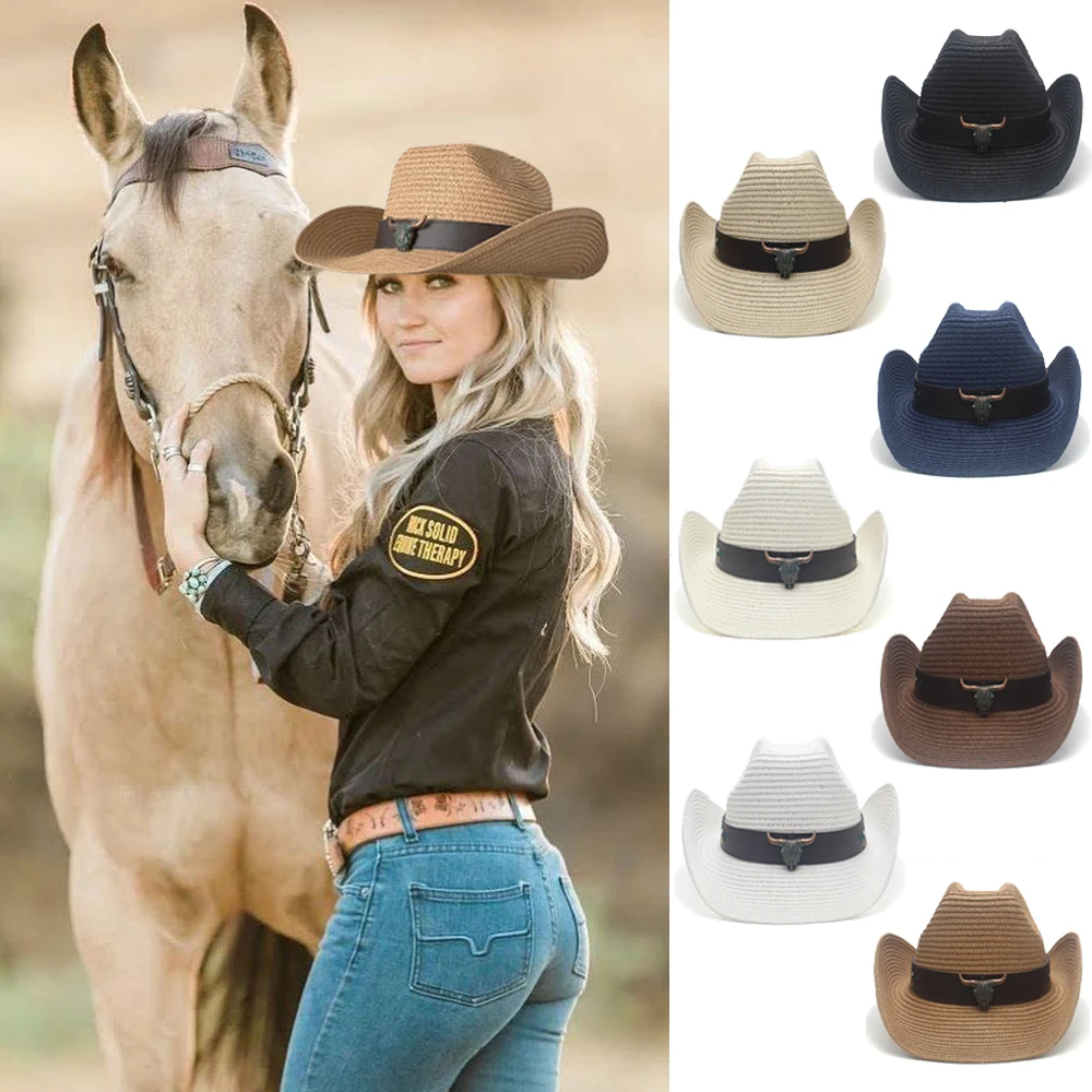 

Men Women Soft Straw Western Cowboy Hats Wide Brim Sunhat Summer Caps Sombrero Travel Sunbonnet Outdoor Beach Size US 7 1/4 UK L