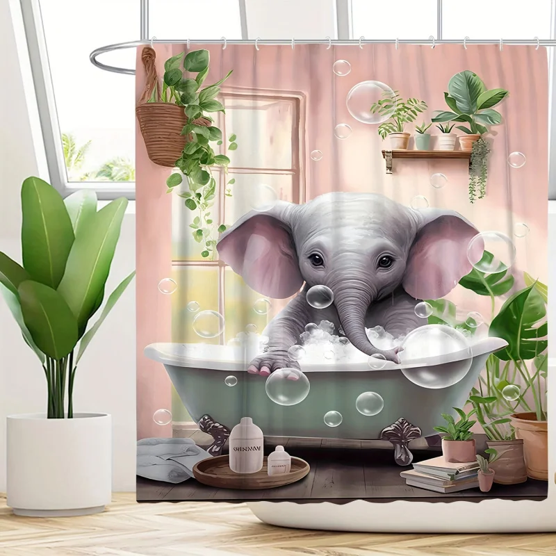 1/3/4PCs bathtub elephant pattern shower curtain set, waterproof shower curtain with 12 hooks, non-slip bath rug, U-shape mat, t