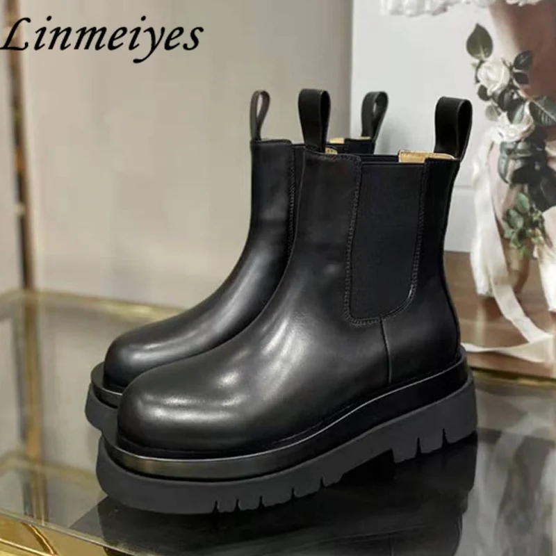 

Black White Coffee Chelsea Boots Women Pearl Leather Round Toe Ankles Boots Lady High-quality Elastic Band Slip-On Boots Women