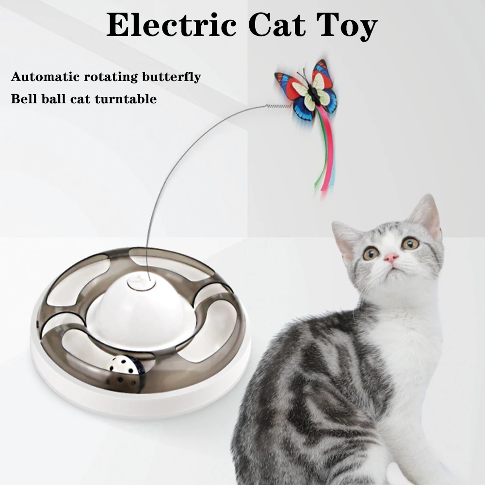 

Electric Cat Toy Auto-rotate Butterfly With Bell Ball Toy Interactive Cat Turntable Toy Training Kitten for Cats Accessories