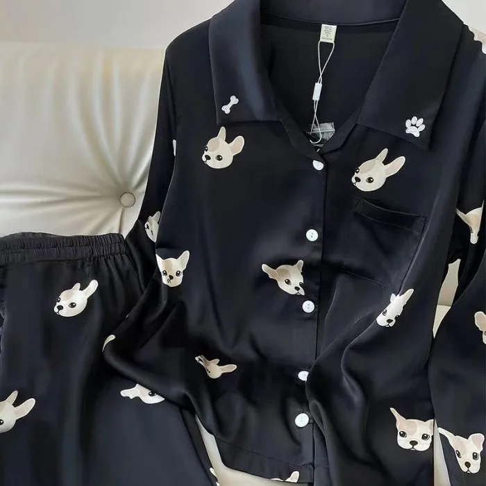 Long-Sleeved Trousers Simulation Silk Pajamas Female Autumn and Winter Cardigan Lapel Student Pajamas Love Blue Women's Homewear